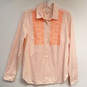 J. Crew Factory Peach Button Half-Placket Top with Orange Embroidery
